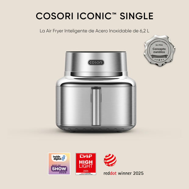 Cosori ICONIC Single Smart 6,2 L en acier inoxydable avec panier, sans PFAS