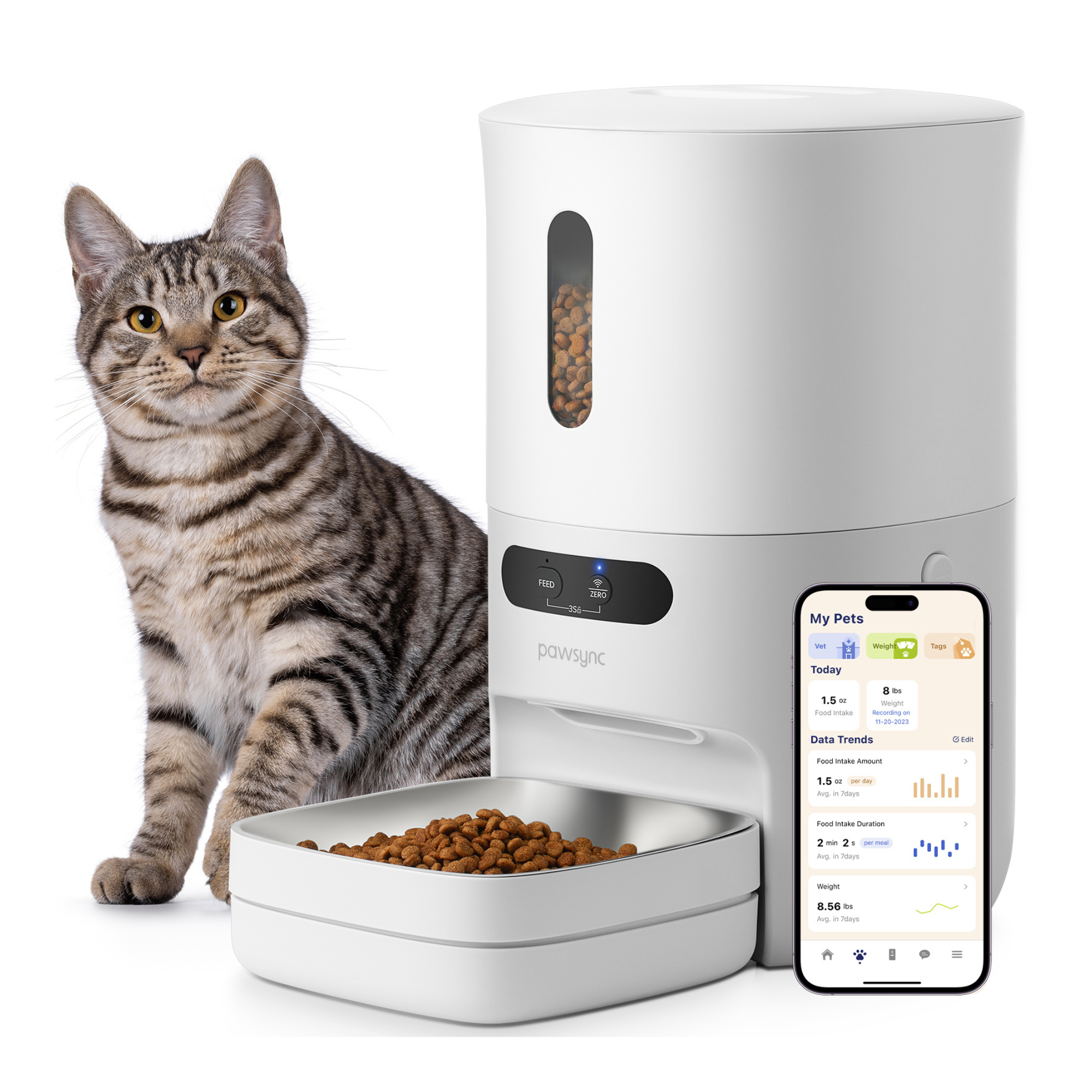 Distributeur automatique de nourriture pour chats Pawsync 3,6 L, Wi-Fi 2,4 GHz avec rapport diététique via application, sans BPA, bol en acier inoxydable 304, jusqu'à 10 repas, double bol pour nourrir chats et chiens.