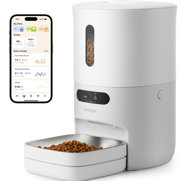 Pawsync 3.6L Dispensador Automático de Comida para Gatos, WiFi 2,4G con Informe de Dieta en APP, Libre de BFA con Tazón de Acero Inoxidable 304, Hasta 10 Comidas, Doble Tazón para Alimentación de Gatos y Perros