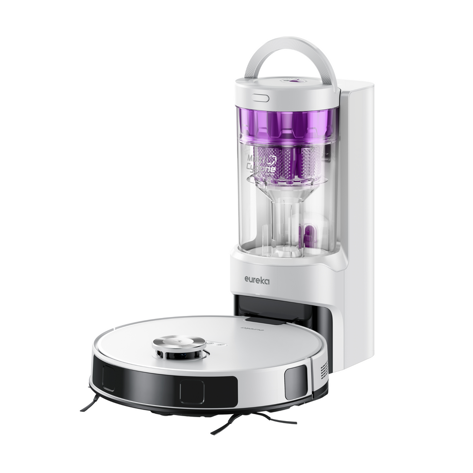 Aspirateur robot Eureka E20 Plus, 8 000 Pa, station de vidage automatique sans sac, fonction lavage des sols anti-emmêlement, 180 minutes d'autonomie, blanc