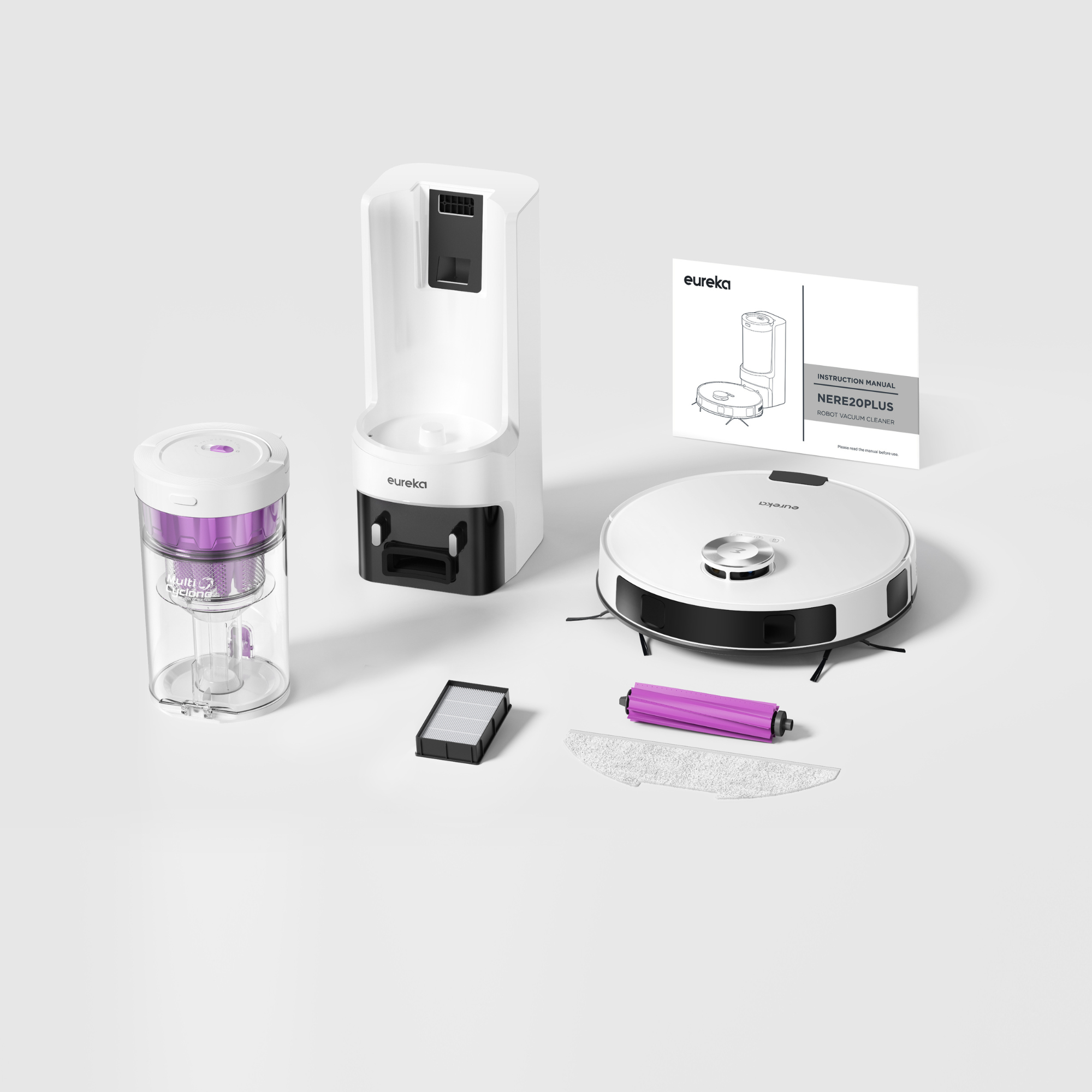 Aspirateur robot Eureka E20 Plus, 8 000 Pa, station de vidage automatique sans sac, fonction lavage des sols anti-emmêlement, 180 minutes d'autonomie, blanc